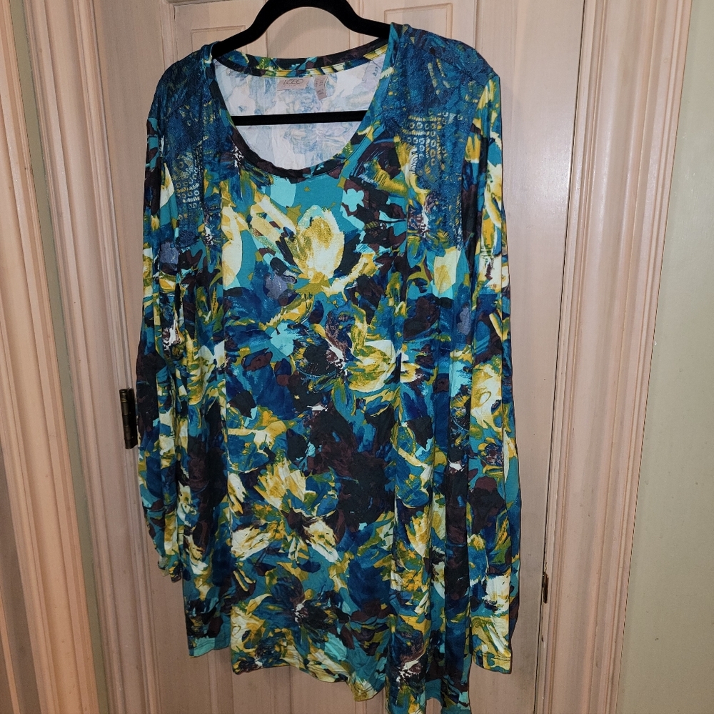 NWOT LOGO SZ 3X Lori Goldstein Teal, Brown,  Yellow Lace Patches Shirt